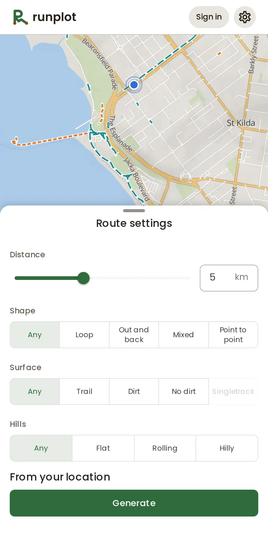 The route settings sheet, with the start, a distance slider, the shape, surface and hills choices, and the Generate button.