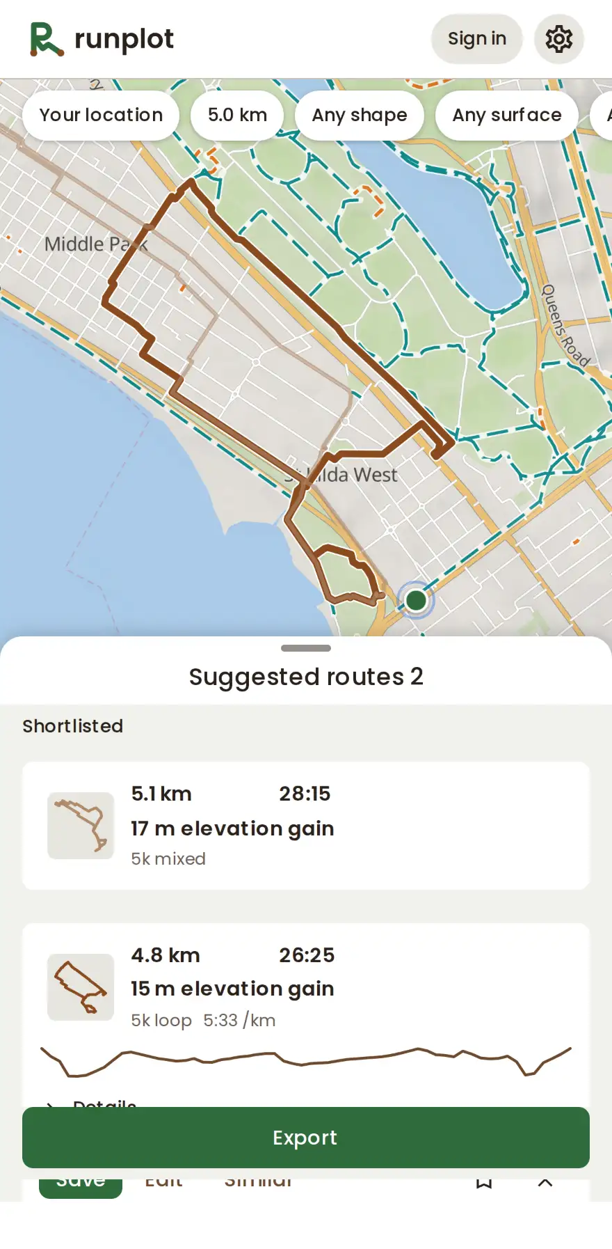The route list with one route under Shortlisted, above the next batch of suggestions.