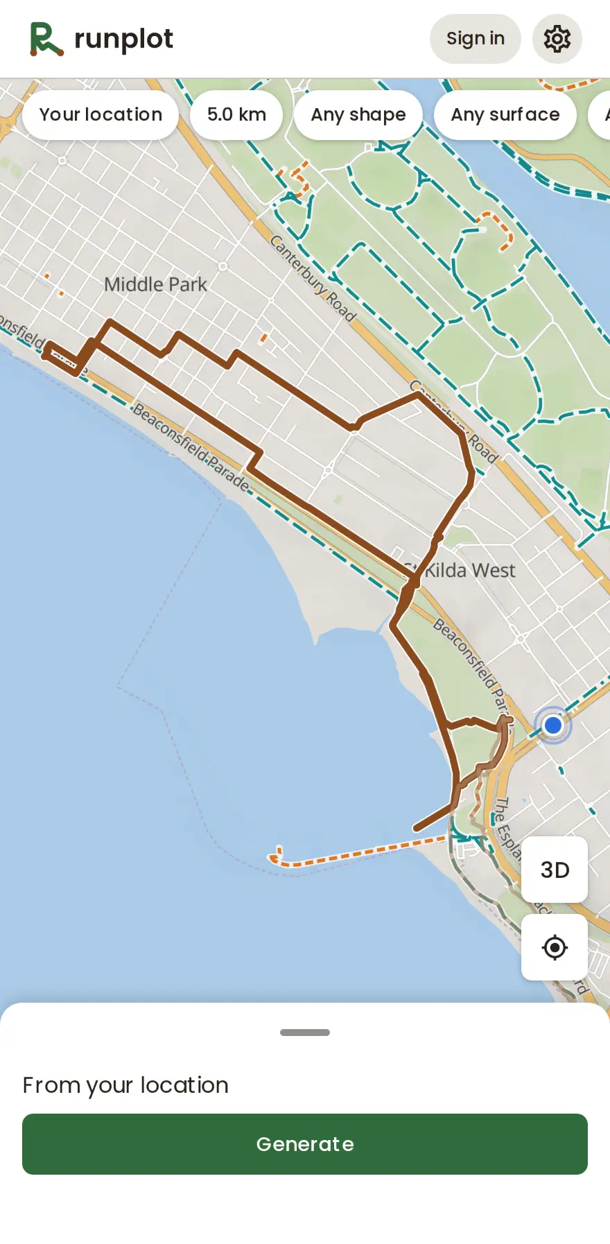 The map screen with a chosen route drawn on it, the settings chips along the top and the sheet folded down to its Generate button.