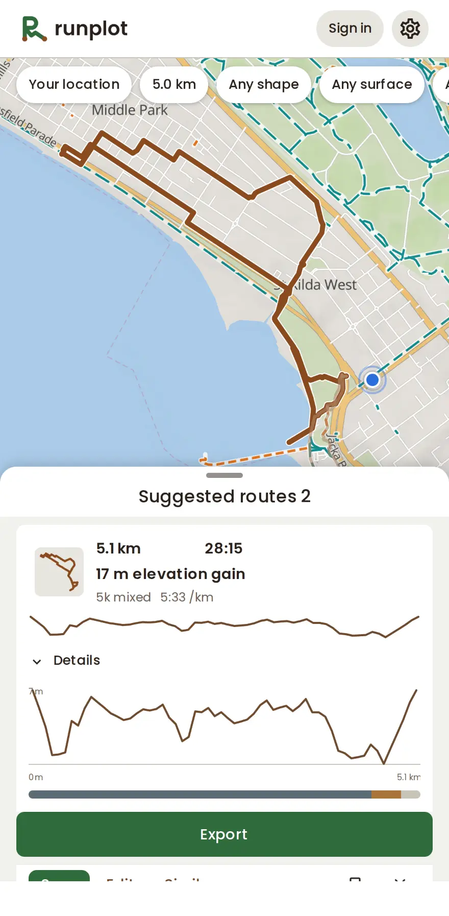An open suggestion with its distance, time and climb, a hill profile, the surface bar under Details and the Export button.